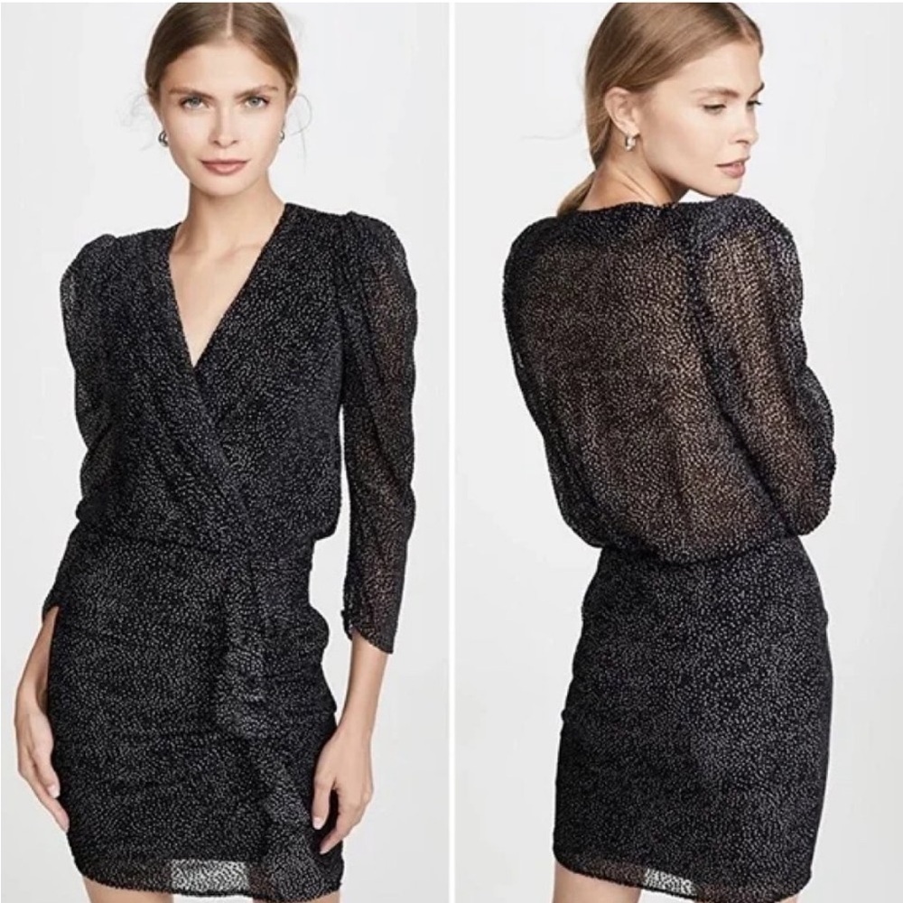 ba&sh Black Celia Velvet Dot Puff Sleeve Sheath Dress